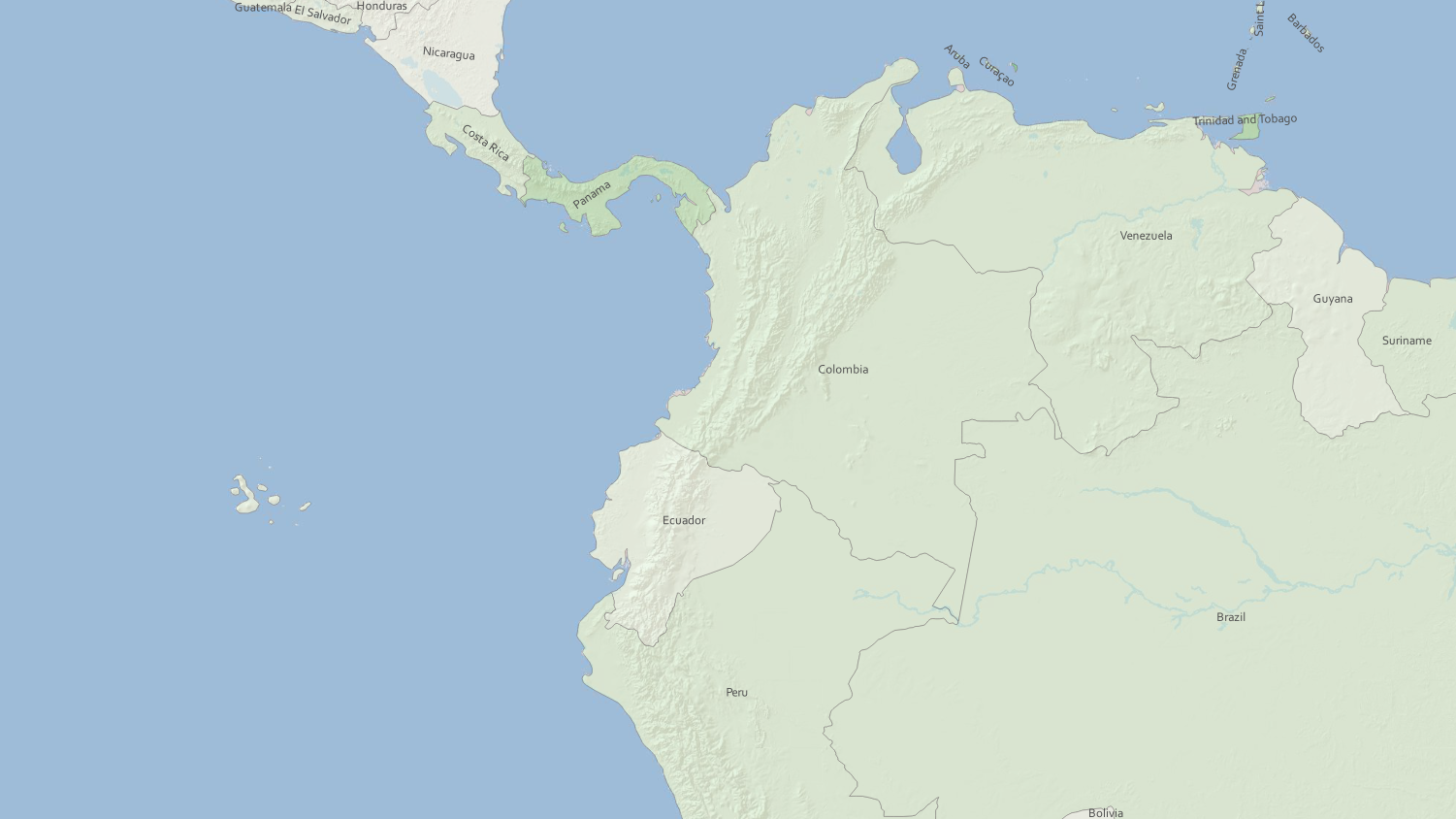 Same map layer, zoomed in. Notice country layers now appear at this scale. Also note, the transparency of the gdppc layer allows the visibility of the topography and major water bodies in this region.